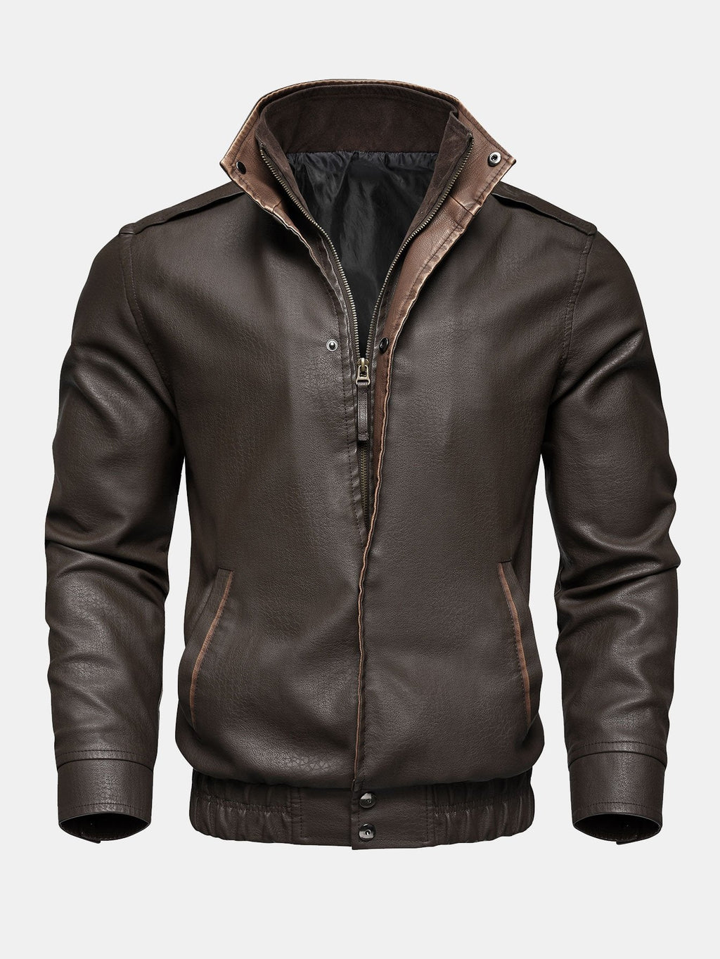 Men's Vintage Faux Leather Zip-Up Jacket with Stand Collar