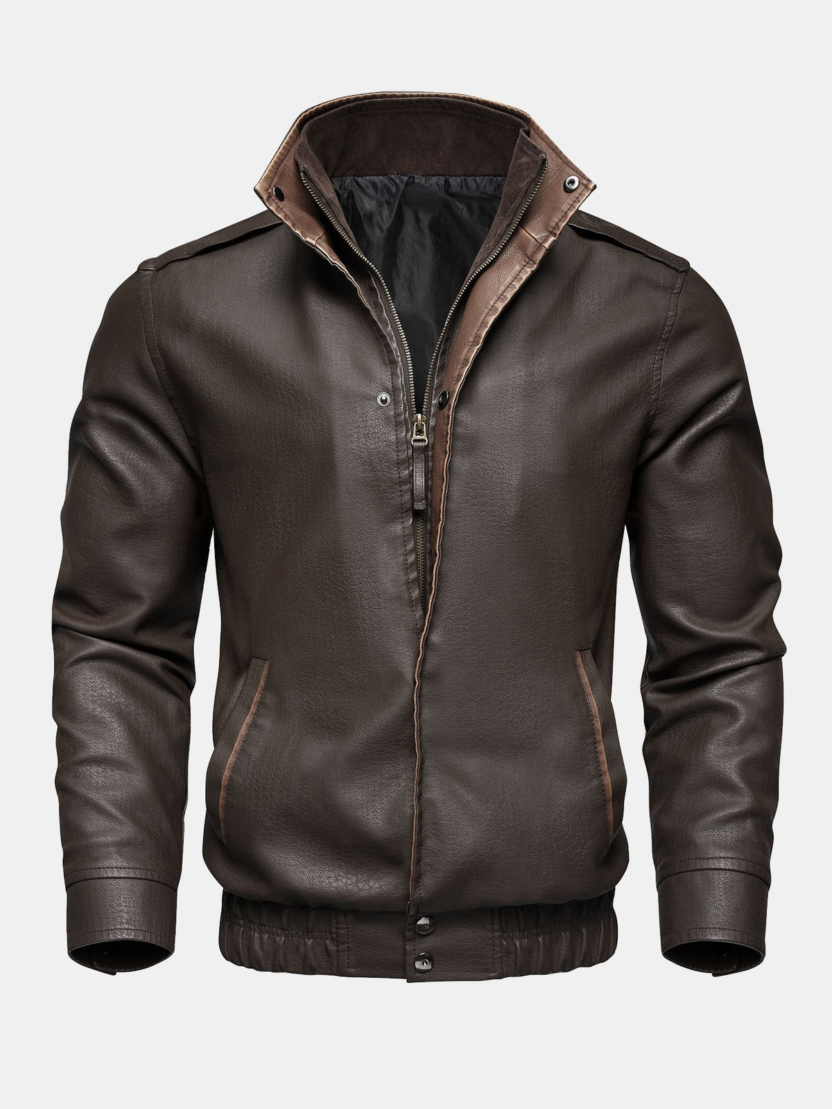 Men's Vintage Faux Leather Zip-Up Jacket with Stand Collar