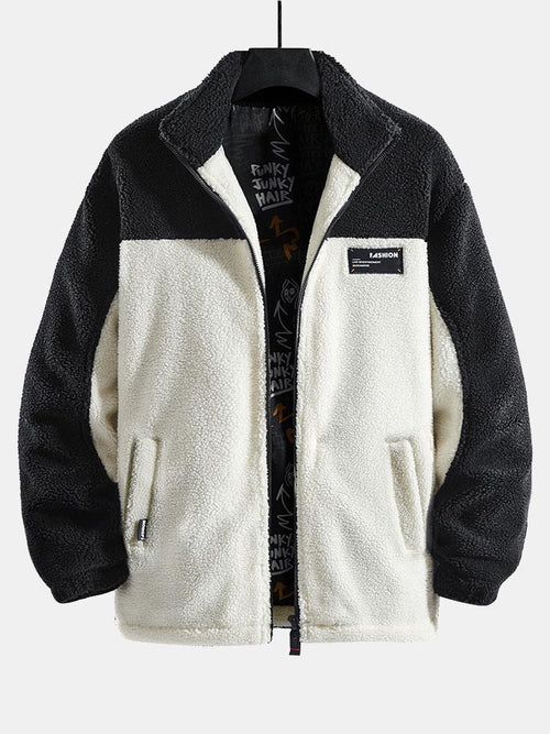 Men's Colourblock Teddy Fleece Jacket – Relaxed High Collar Zip-Up