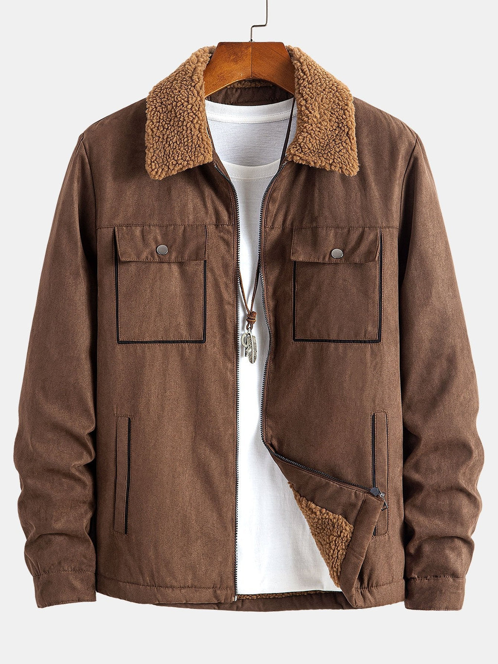 Men's Teddy-Lined Faux Suede Jacket – Warm Zip-Up Winter Outerwear