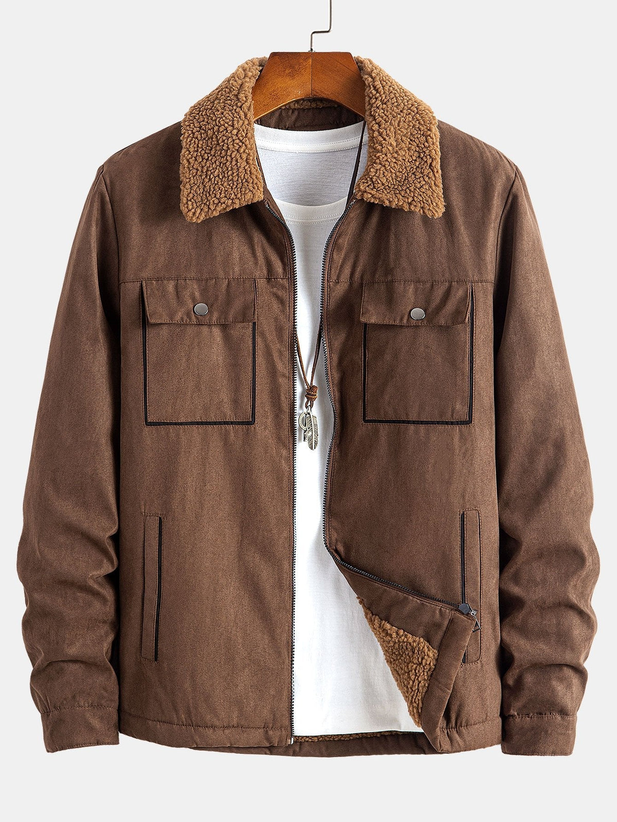 Men's Teddy-Lined Faux Suede Jacket – Warm Zip-Up Winter Outerwear