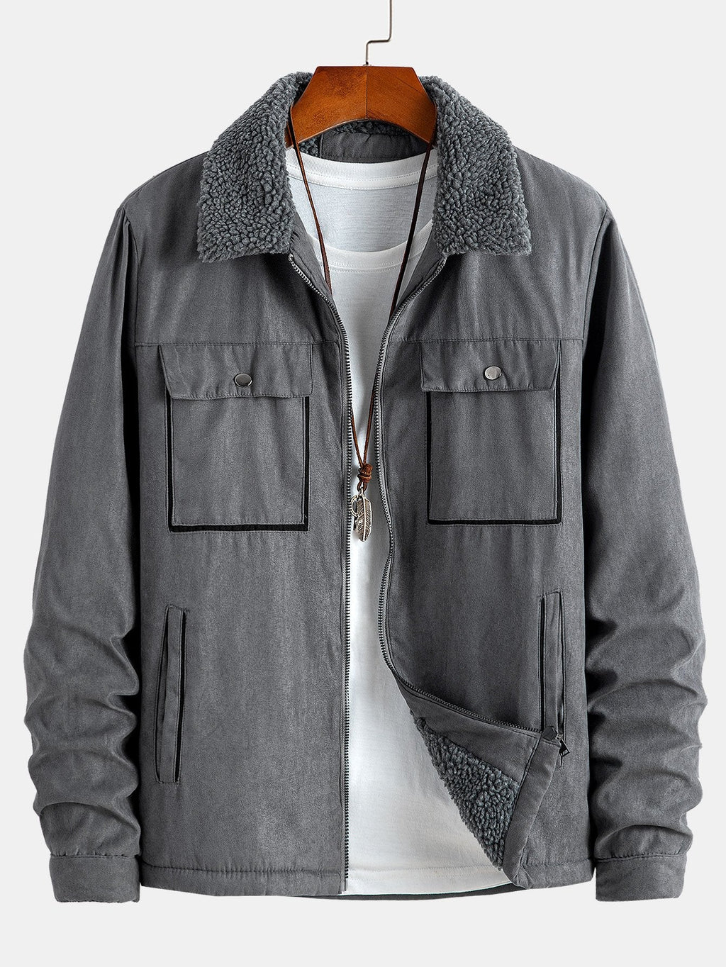 Men's Teddy-Lined Faux Suede Jacket – Warm Zip-Up Winter Outerwear