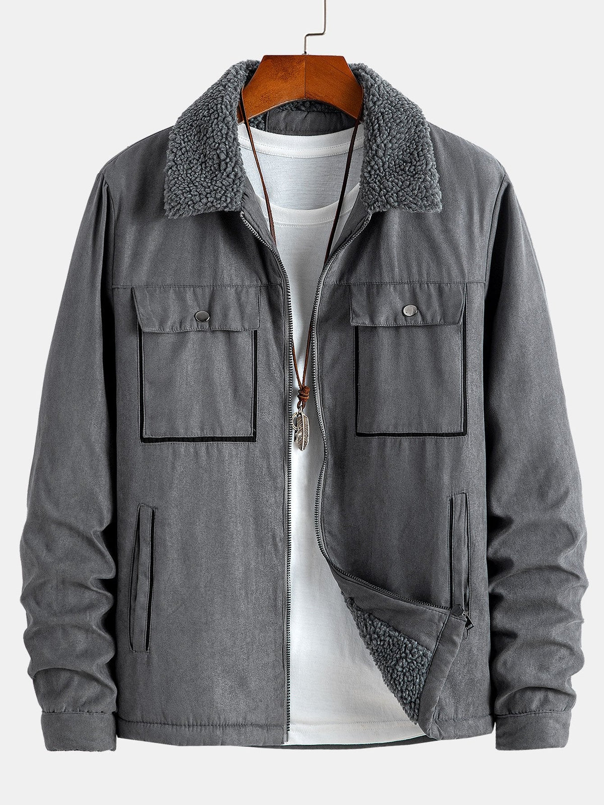 Men's Teddy-Lined Faux Suede Jacket – Warm Zip-Up Winter Outerwear