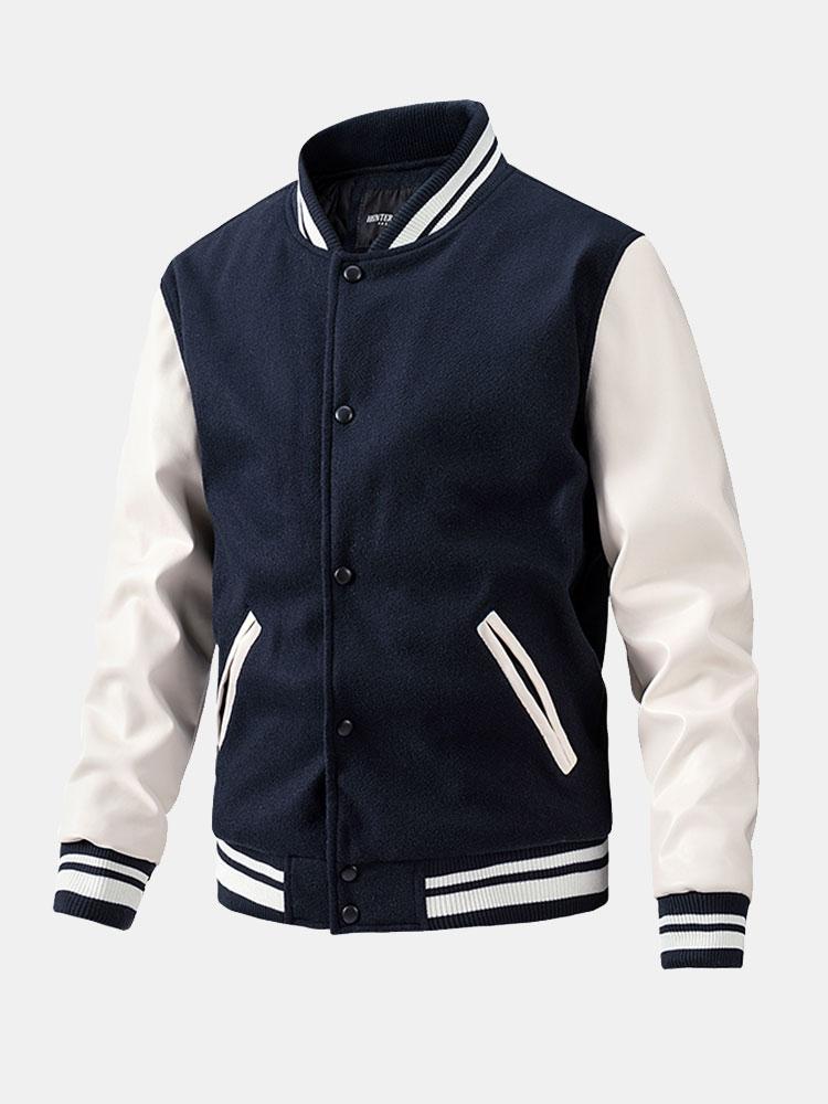 Men's Wool-Look Varsity Bomber Jacket with Faux Leather Sleeves
