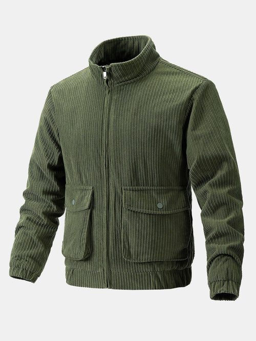 Men's Corduroy Funnel Neck Jacket – Textured Zip-Up Casual Outerwear