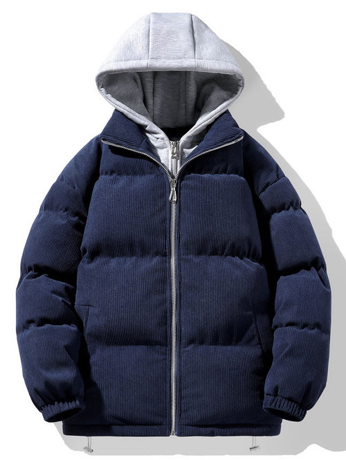 Men's Corduroy Hooded Puffer Jacket – Warm Padded Winter Outerwear