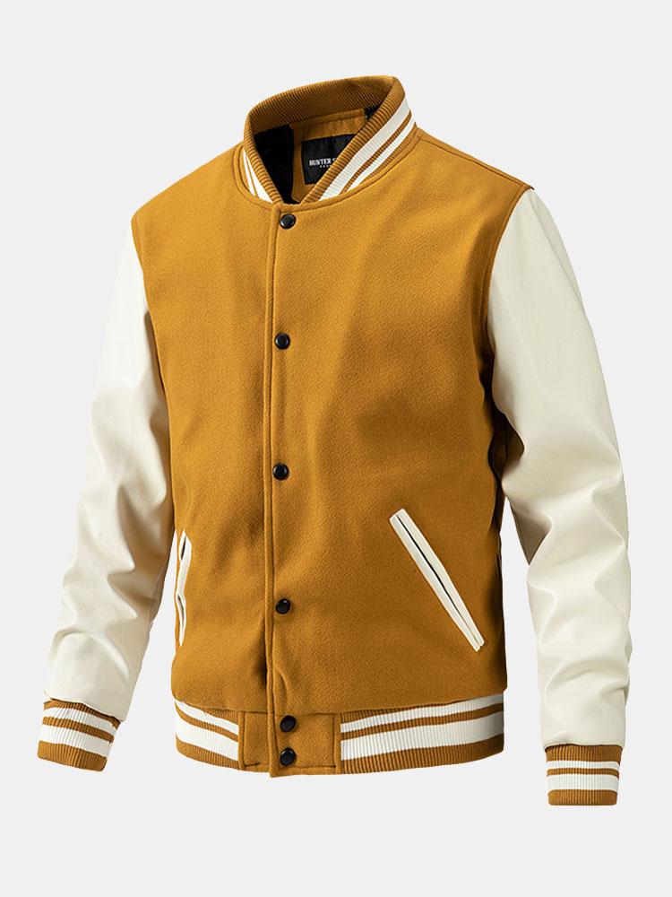 Men's Wool-Look Varsity Bomber Jacket with Faux Leather Sleeves