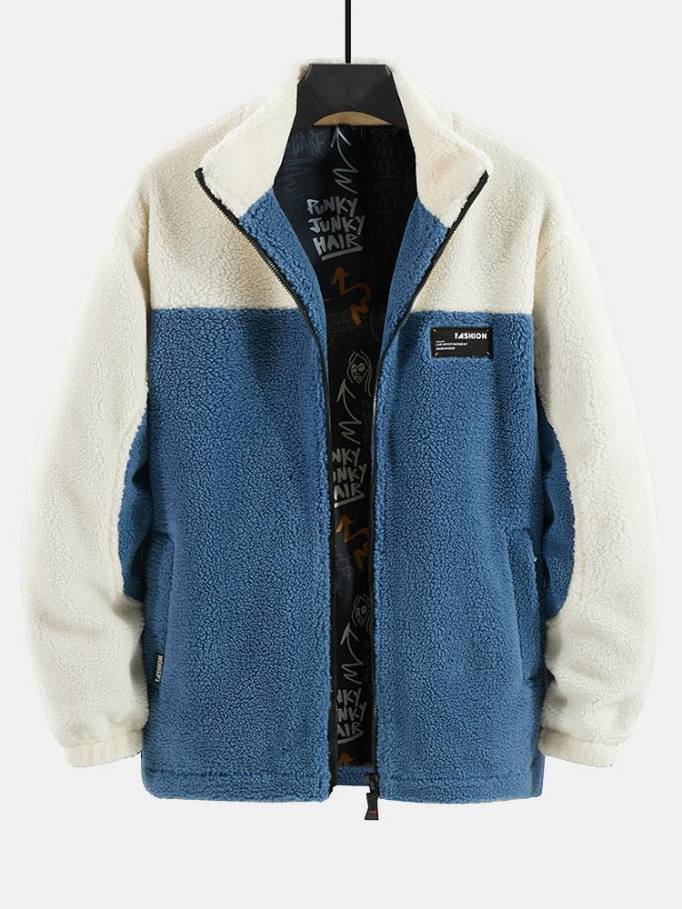 Men's Colourblock Teddy Fleece Jacket – Relaxed High Collar Zip-Up