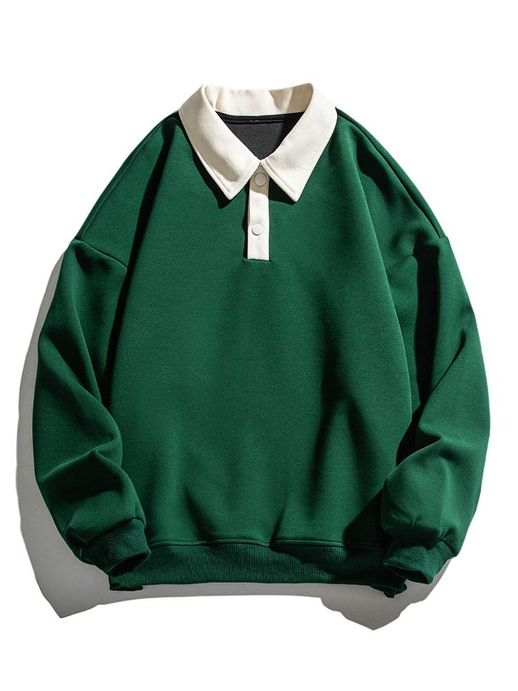 Men's Contrast Polo Collar Sweatshirt – Relaxed Fit Cotton Blend Long