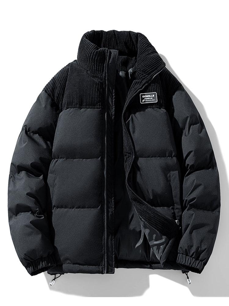 Men's Corduroy Panel Puffer Jacket – Warm High Collar Padded Winter