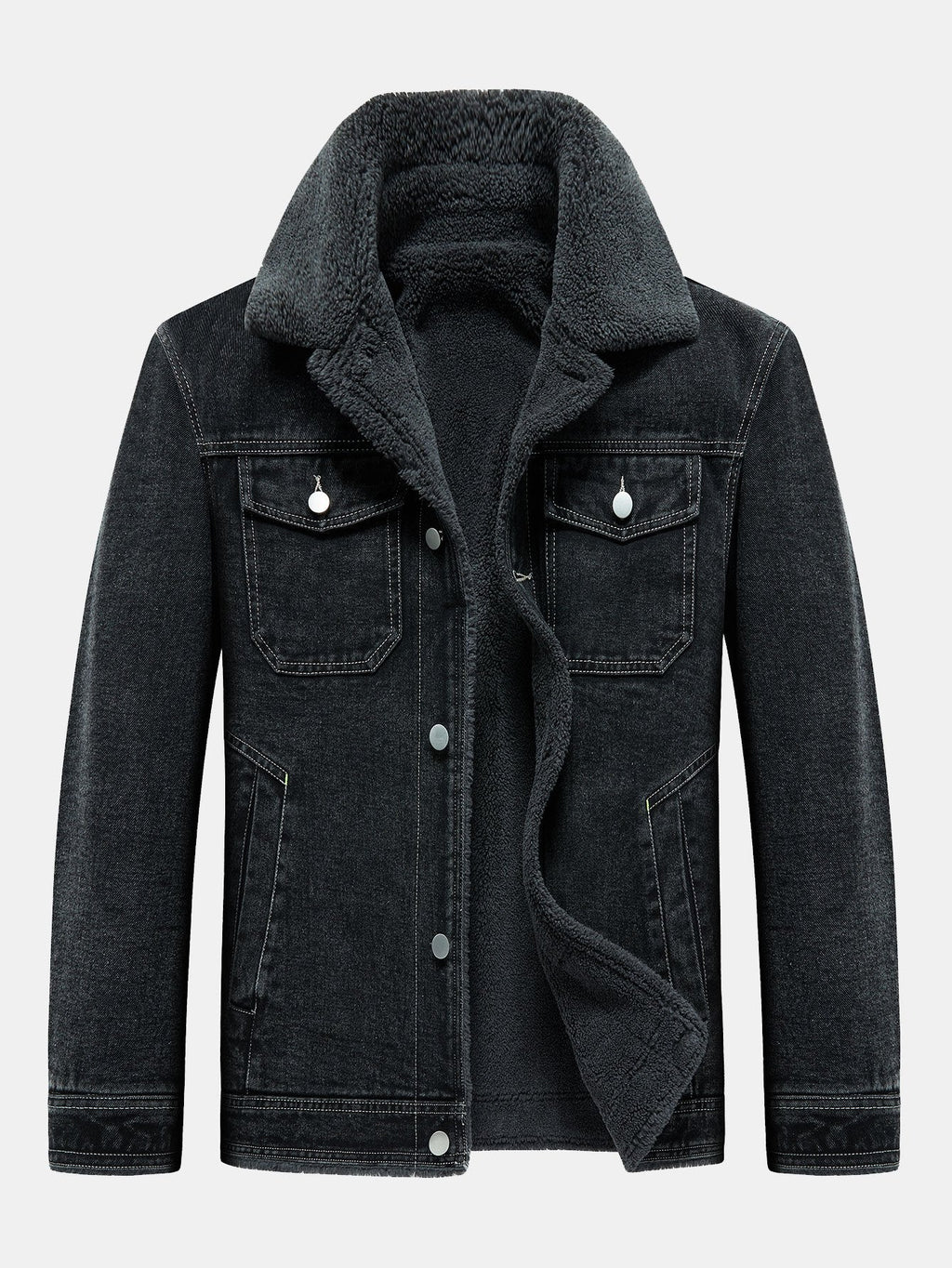 Men's Borg-Lined Denim Jacket – Vintage Washed Button-Up Winter Outerwear