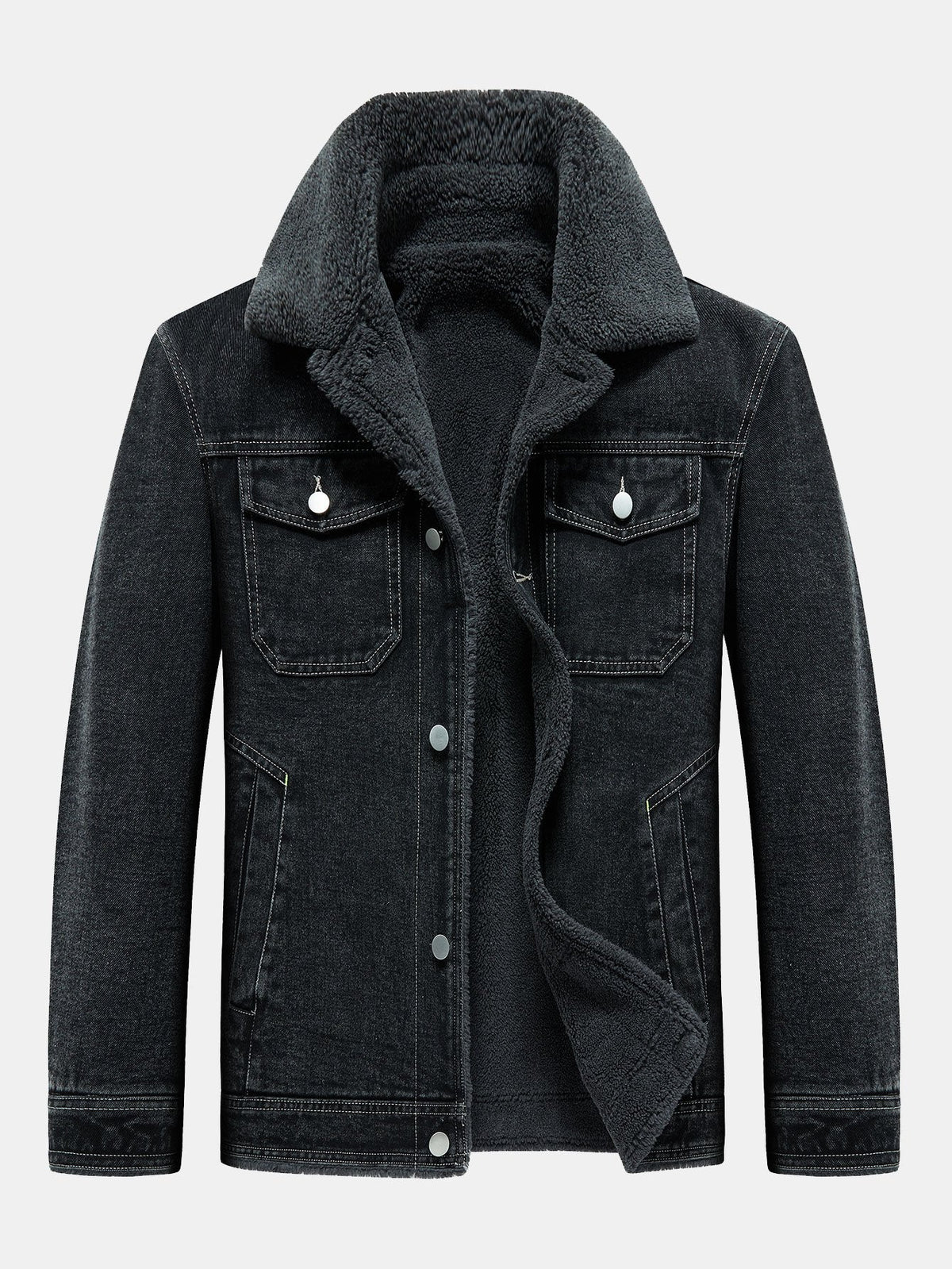 Men's Borg-Lined Denim Jacket – Vintage Washed Button-Up Winter Outerwear