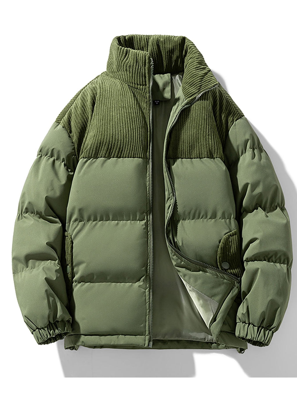 Men's Corduroy Panelled Puffer Jacket with High Collar