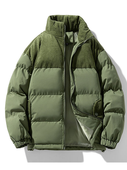 Men's Corduroy Panelled Puffer Jacket with High Collar