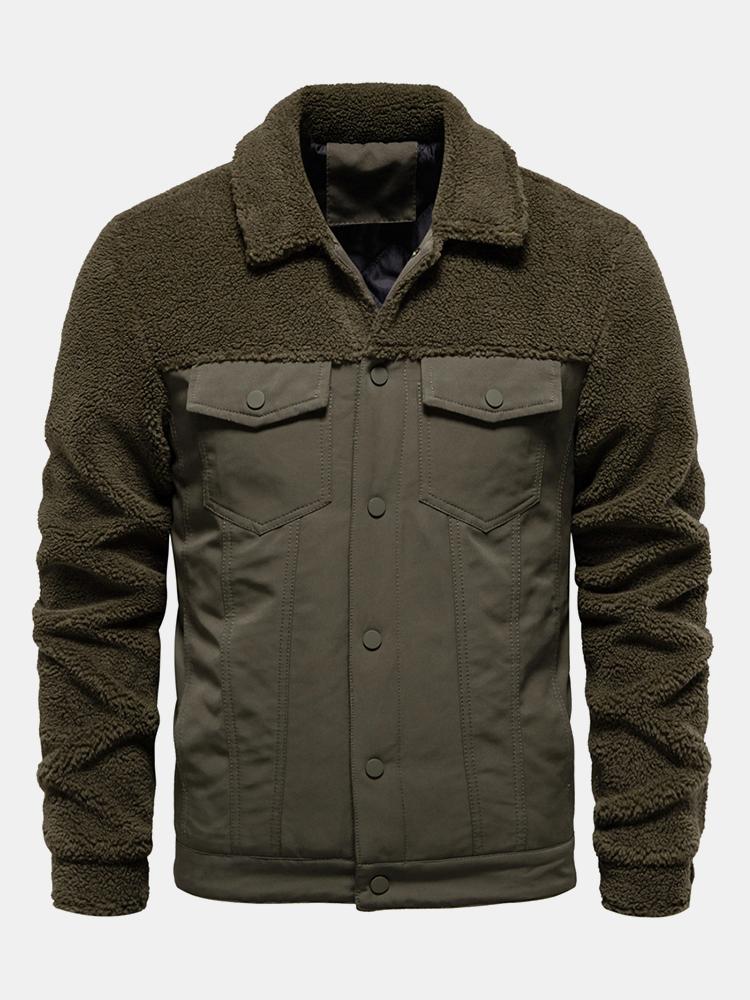 Men's Quilted-Lined Teddy Fleece Jacket – Warm Colour Block Winter