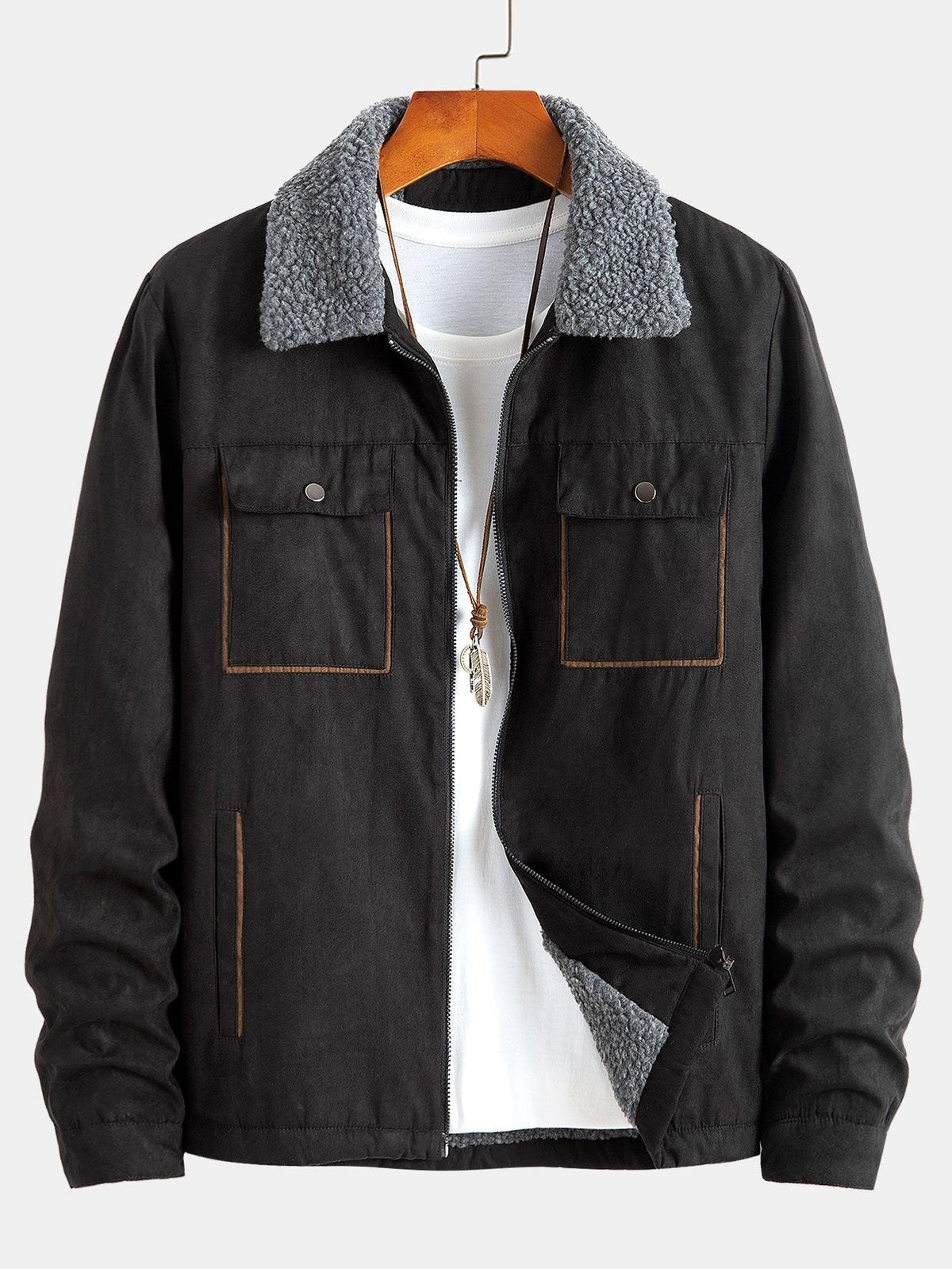 Men's Teddy-Lined Faux Suede Jacket – Warm Zip-Up Winter Outerwear