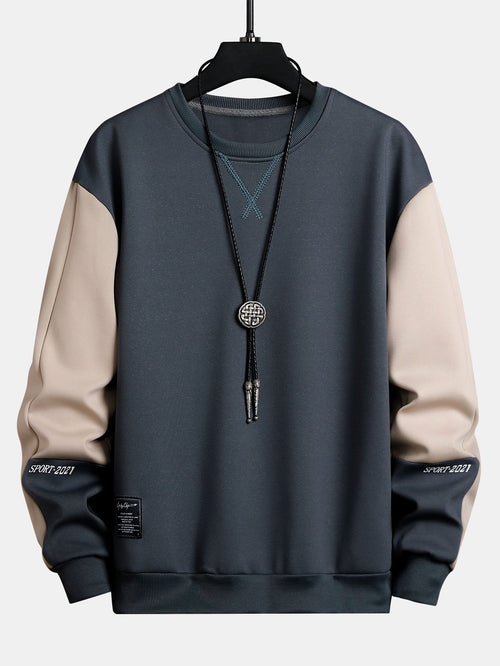 Men's Colour Block Crew Neck Sweatshirt – Relaxed Fit Long Sleeve Casual