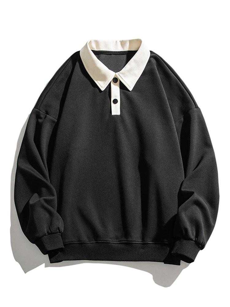 Men's Contrast Polo Collar Sweatshirt – Relaxed Fit Cotton Blend Long