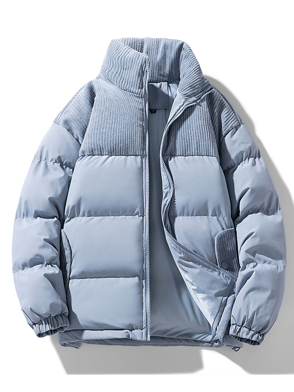 Men's Corduroy Panelled Puffer Jacket with High Collar