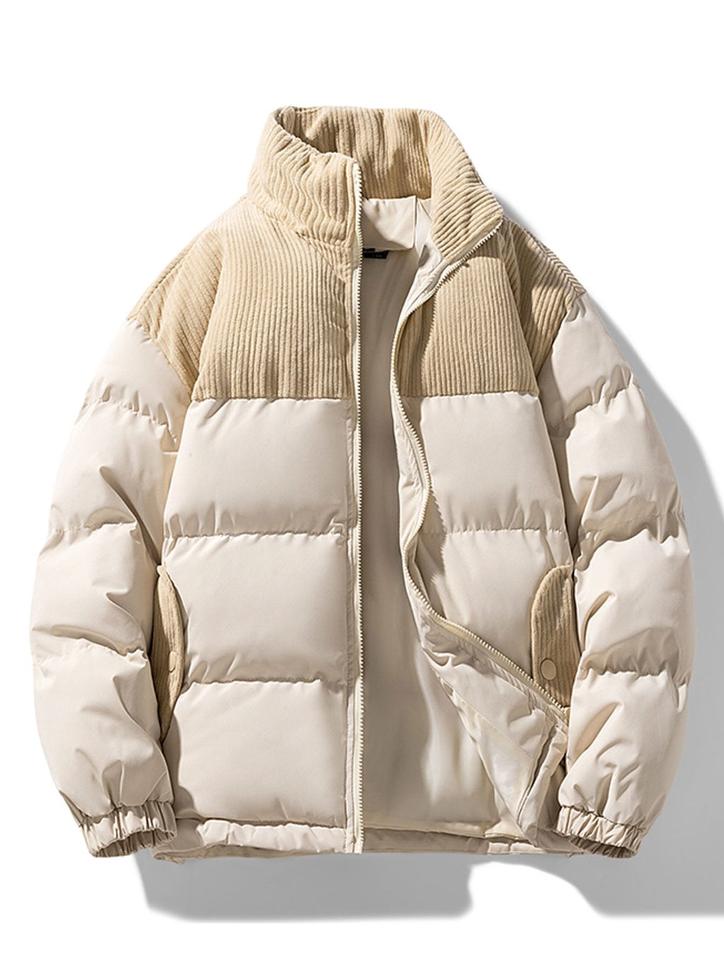 Men's Corduroy Panelled Puffer Jacket with High Collar