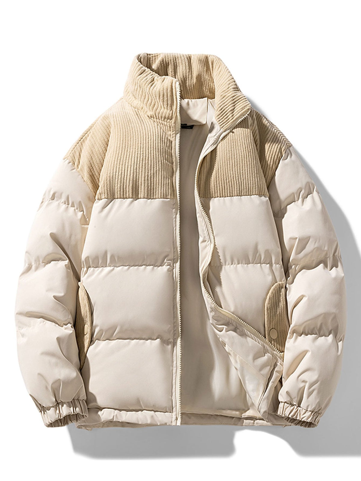 Men's Corduroy Panelled Puffer Jacket with High Collar