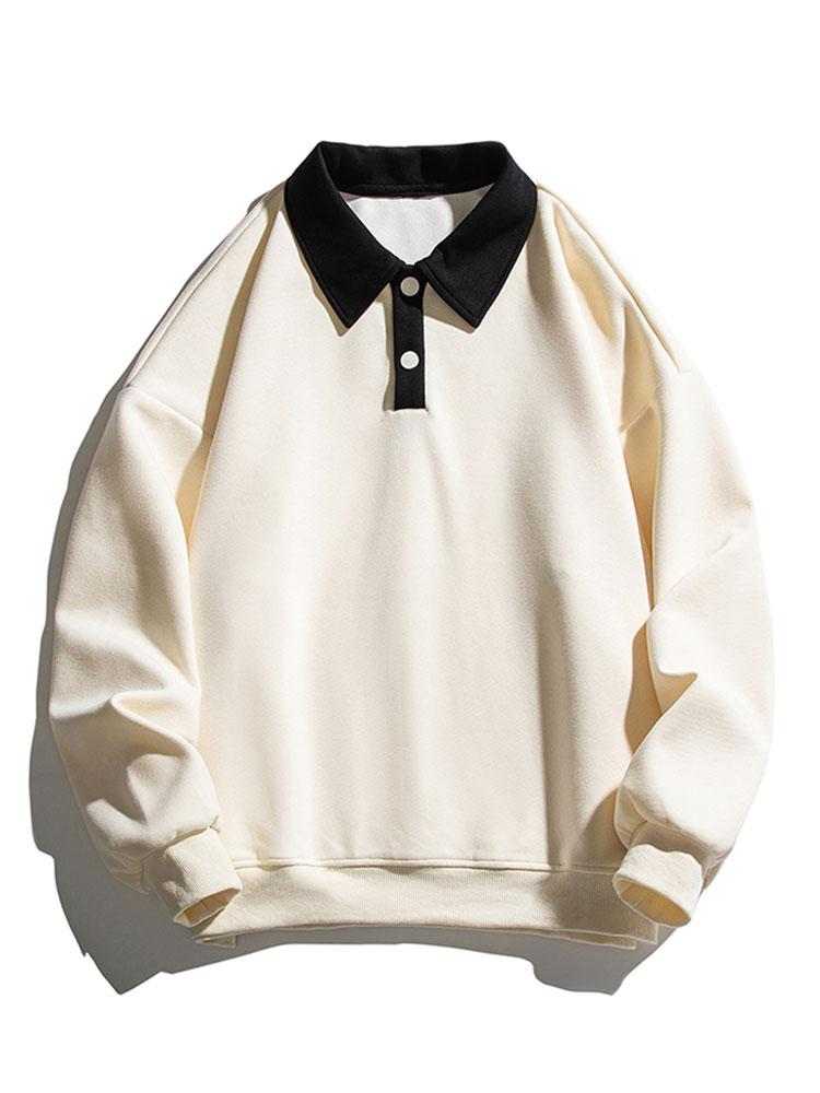 Men's Contrast Polo Collar Sweatshirt – Relaxed Fit Cotton Blend Long