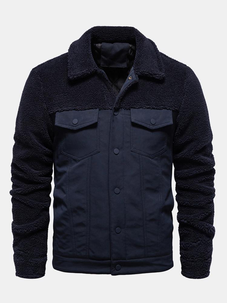 Men's Quilted-Lined Teddy Fleece Jacket – Warm Colour Block Winter