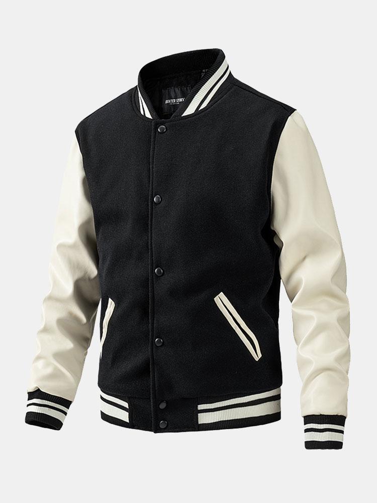 Men's Wool-Look Varsity Bomber Jacket with Faux Leather Sleeves