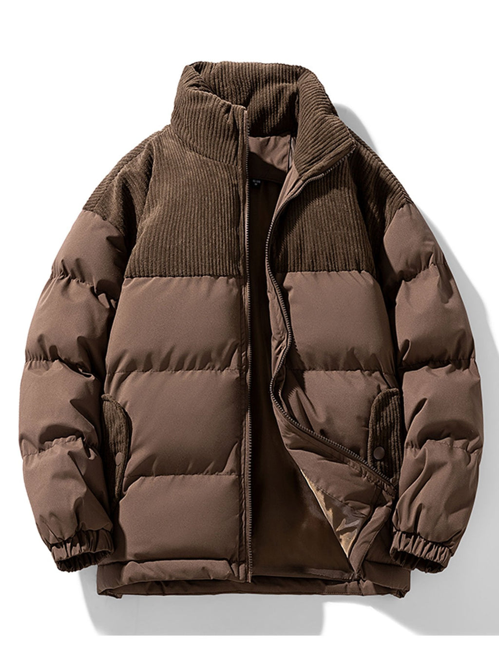 Men's Corduroy Panelled Puffer Jacket with High Collar
