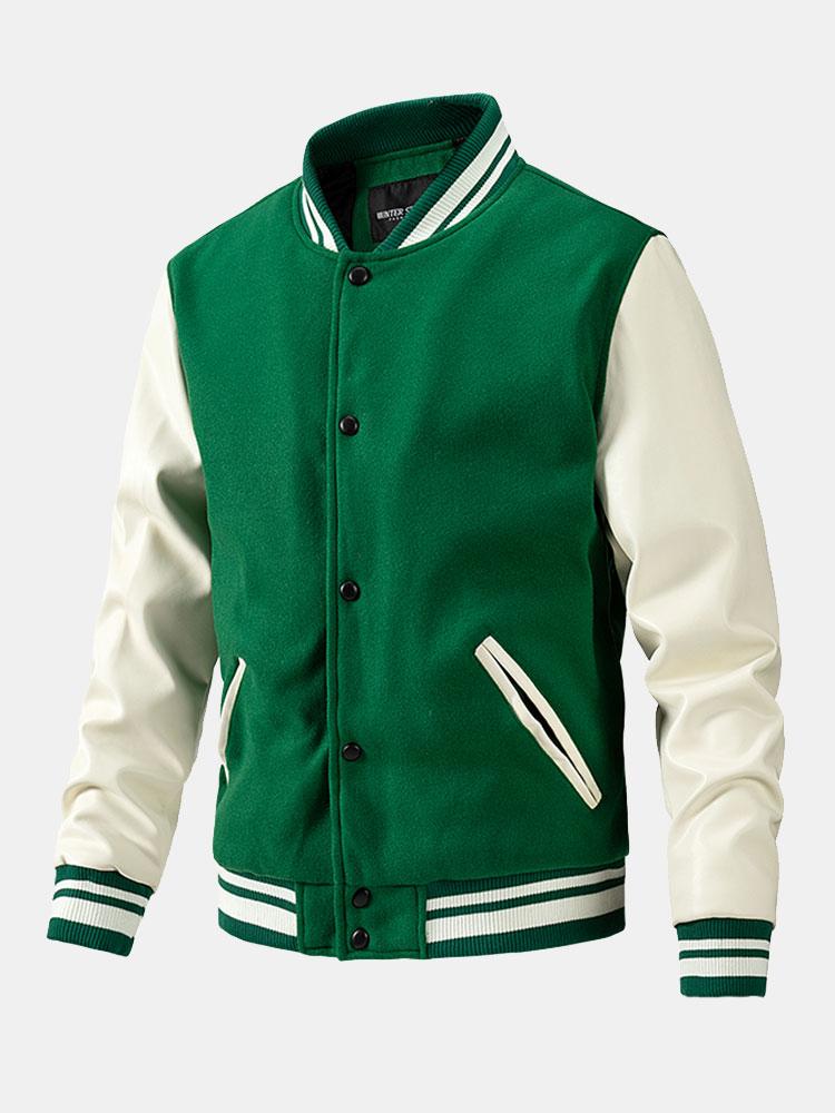 Men's Wool-Look Varsity Bomber Jacket with Faux Leather Sleeves