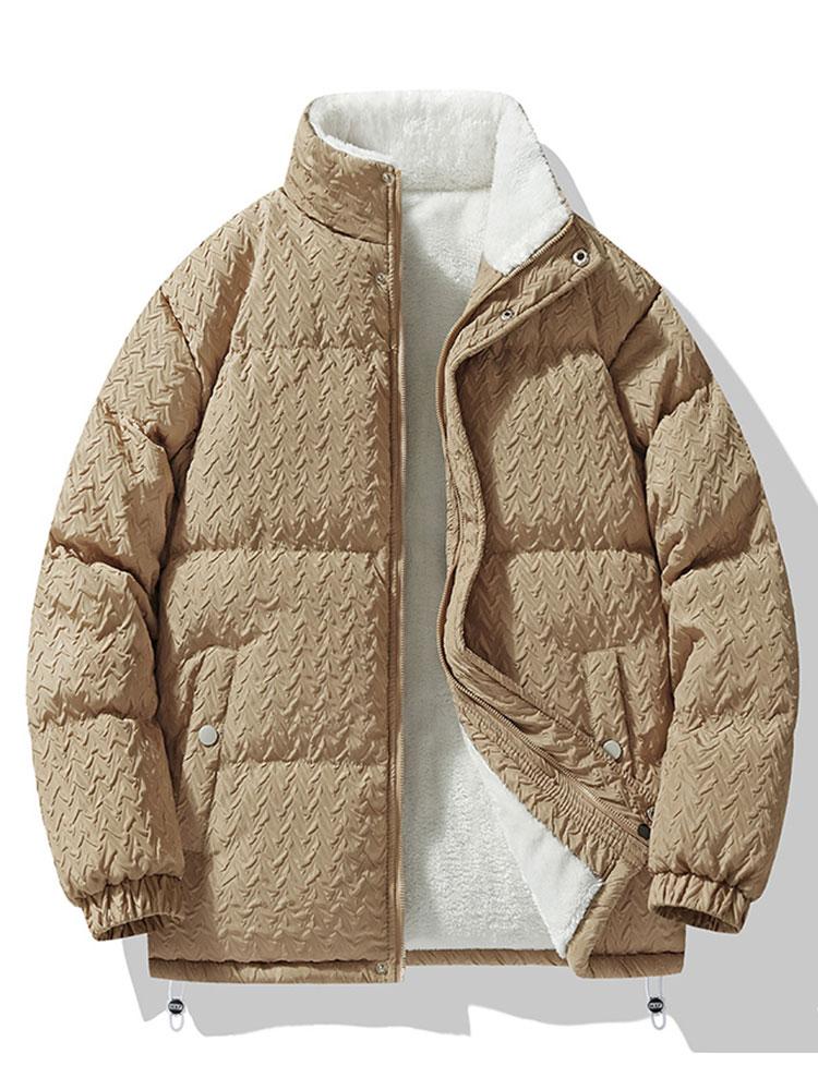 Men's Textured Jacquard Puffer Jacket with Teddy Fleece Lining