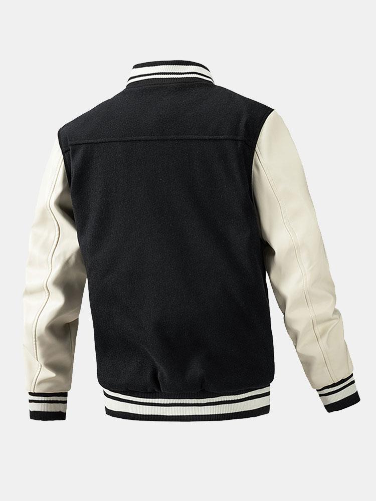 Men's Wool-Look Varsity Bomber Jacket with Faux Leather Sleeves