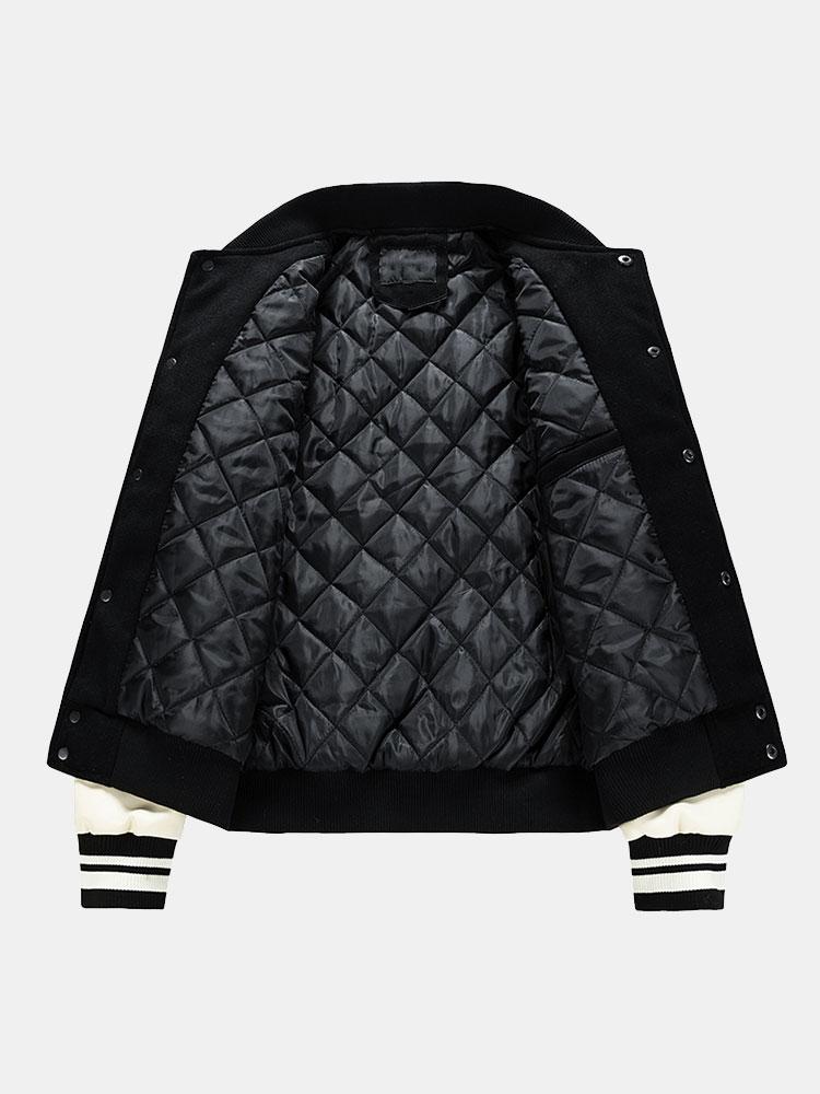 Men's Wool-Look Varsity Bomber Jacket with Faux Leather Sleeves