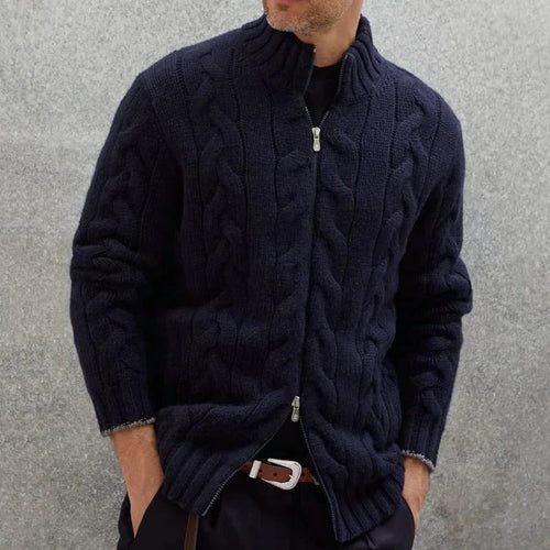 Men's Cable-Knit Zip Cardigan – Stand-Collar Long-Sleeve Sweater
