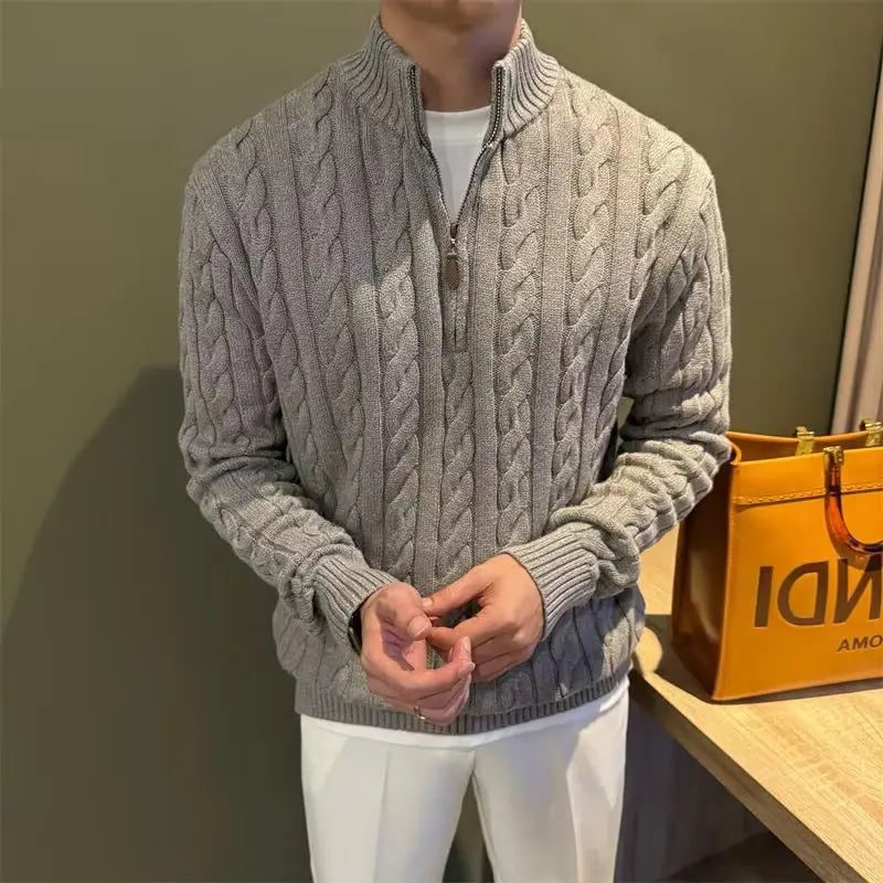 Men's Cable-Knit Zip Cardigan – Stand-Collar Long-Sleeve Sweater
