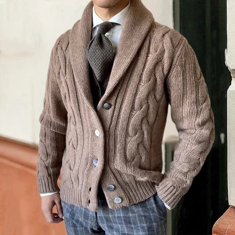 Men's Cable-Knit Shawl Collar Cardigan – Button-Front Sweater