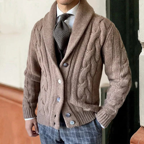 Men's Cable-Knit Shawl Collar Cardigan – Button-Front Sweater