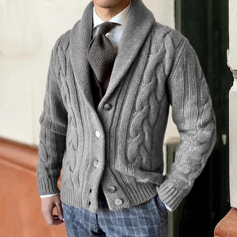 Men's Cable-Knit Shawl Collar Cardigan – Button-Front Sweater