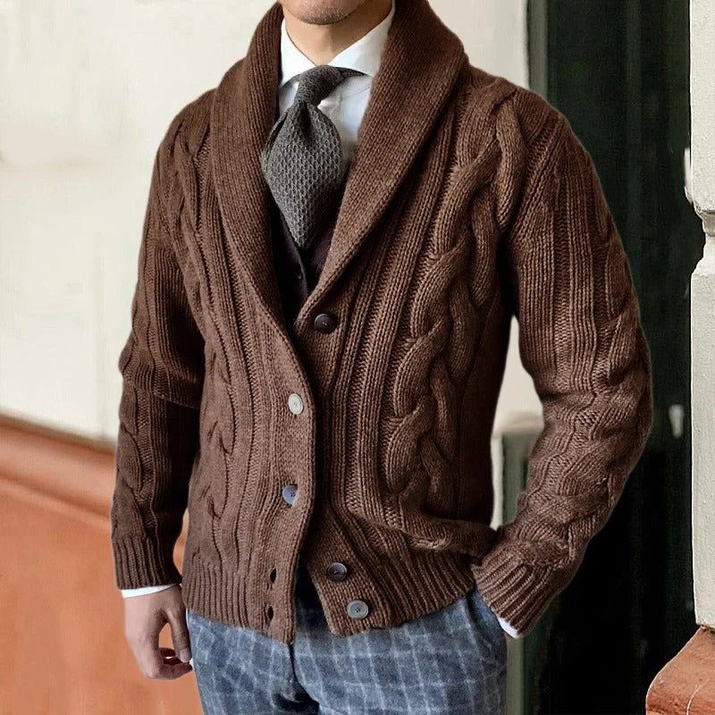 Men's Cable-Knit Shawl Collar Cardigan – Button-Front Sweater