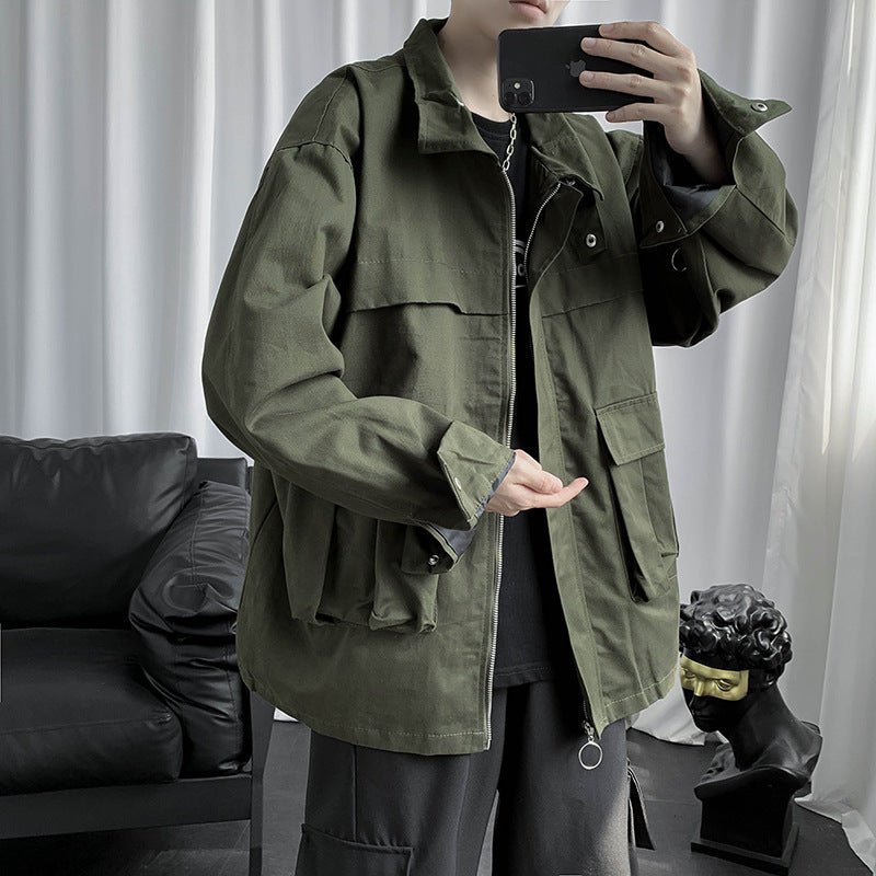 Men's Retro Loose Jacket – Boxy Zip Work Jacket in Black or Green