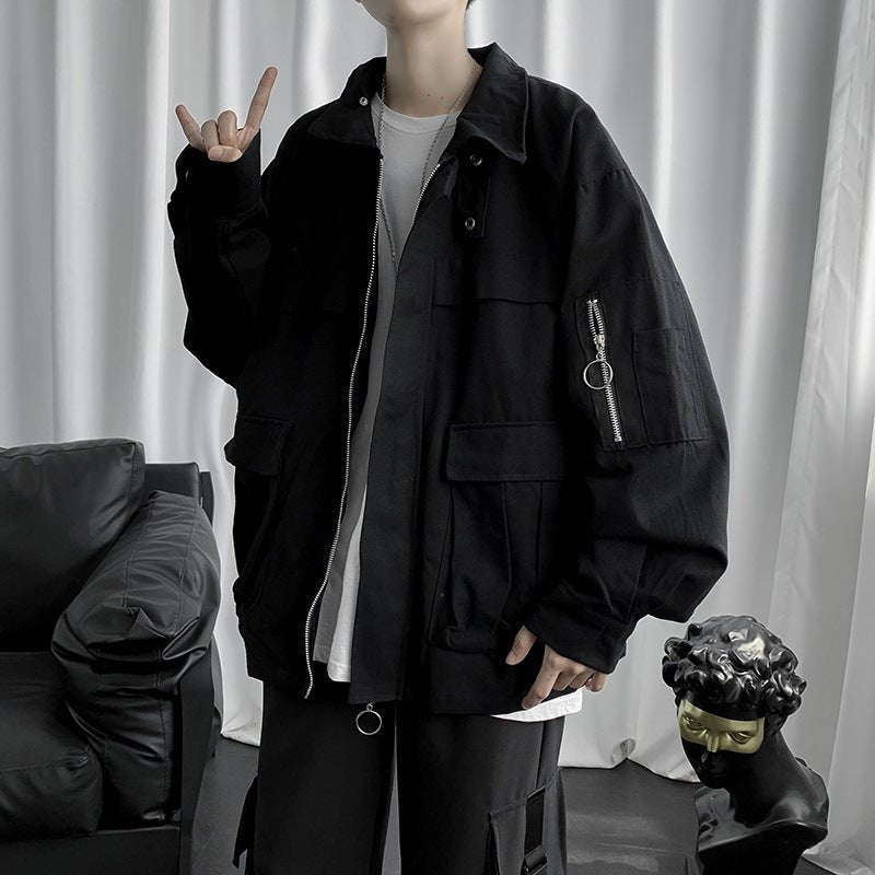Men's Retro Loose Jacket – Boxy Zip Work Jacket in Black or Green