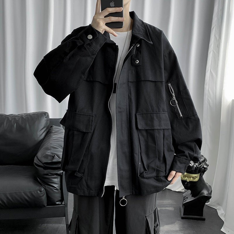 Men's Retro Loose Jacket – Boxy Zip Work Jacket in Black or Green