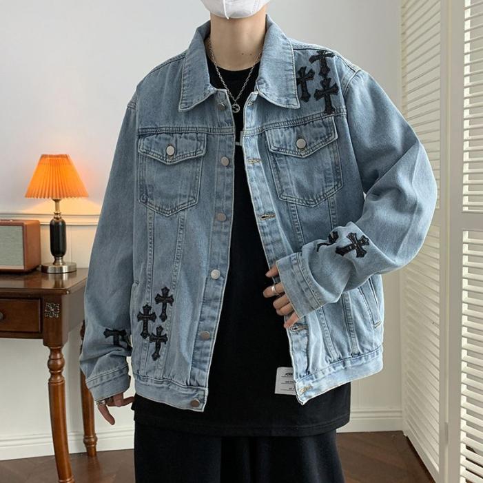 Men's Cross Denim Jacket – Statement Trucker Jacket in Blue or Black