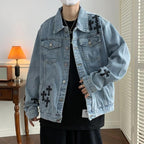Men's Cross Denim Jacket – Statement Trucker Jacket in Blue or Black