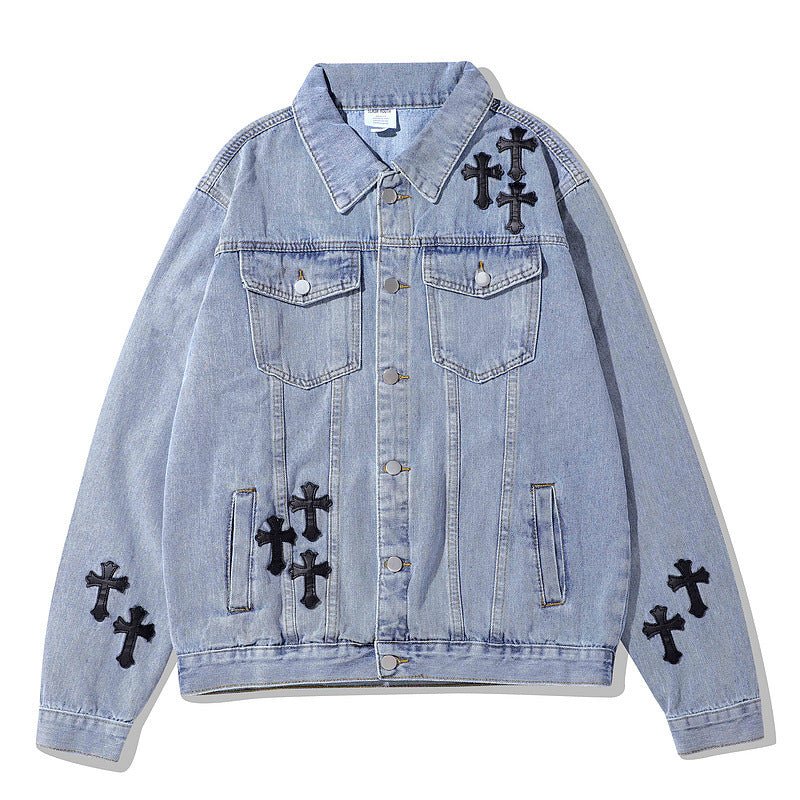 Men's Cross Denim Jacket – Statement Trucker Jacket in Blue or Black