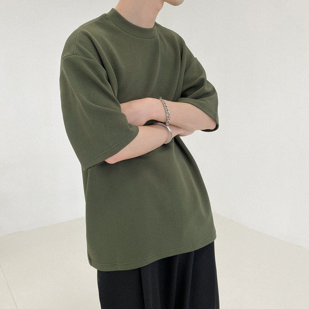 Men's Textured Shirt – Structured Fabric Button Up in Army Green or Light Grey