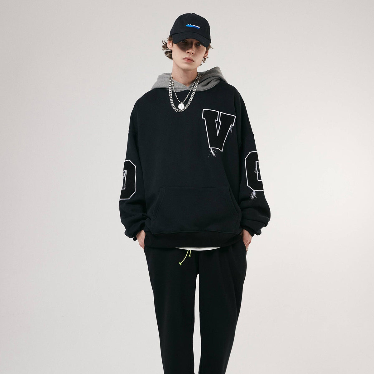 Men's Two Tone Embroidered Hoodie – Dark Grey Contrast Panel Hoodie