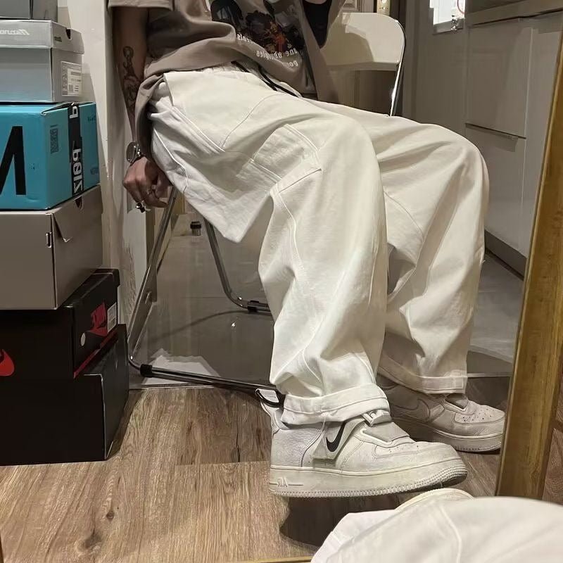 Men's Wide Leg Cargo Trousers – Baggy Utility Pants in Black, White or Khaki