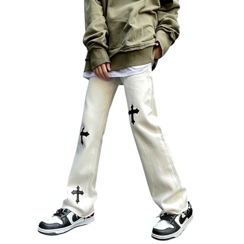 Men's Cross Print Trousers – Relaxed Streetwear Pants in Black or White