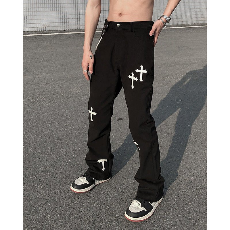 Men's Cross Print Trousers – Relaxed Streetwear Pants in Black or White